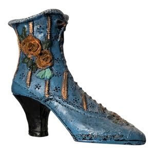 Victorian Bootie Figurine Lace Up Heeled Blue Floral Hand Painted Mini Resin